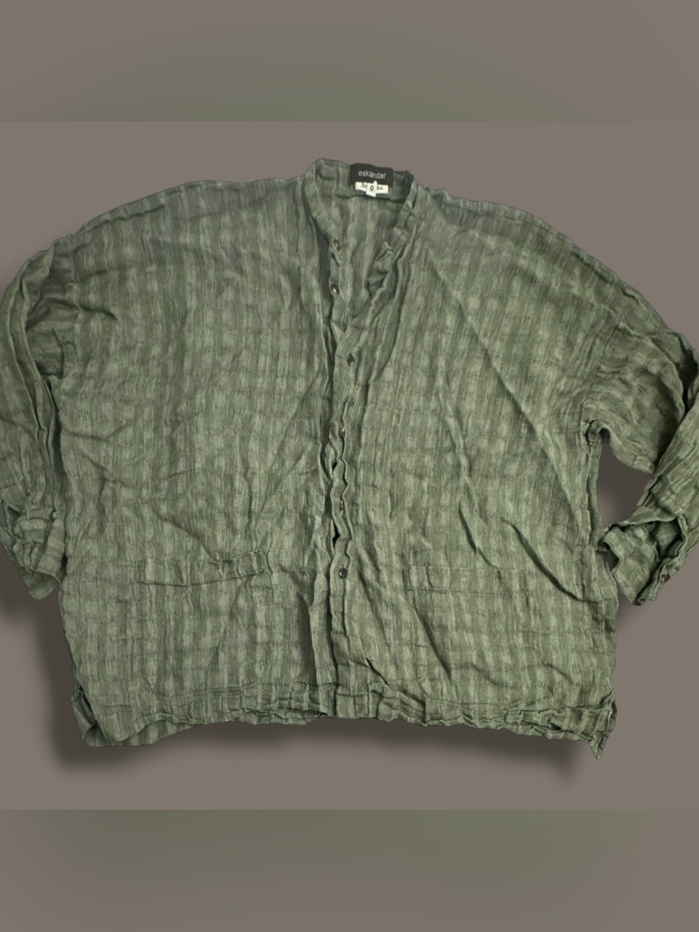 ESKANDAR Green Linen Chore Jacket Button Up Boxy Lagenlook Size 0
